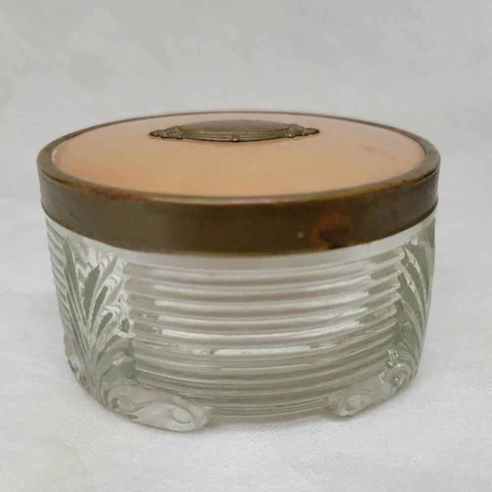 Powder Jar glass w/lid Art Deco MCM brass bronze antique raised vintage EUC
